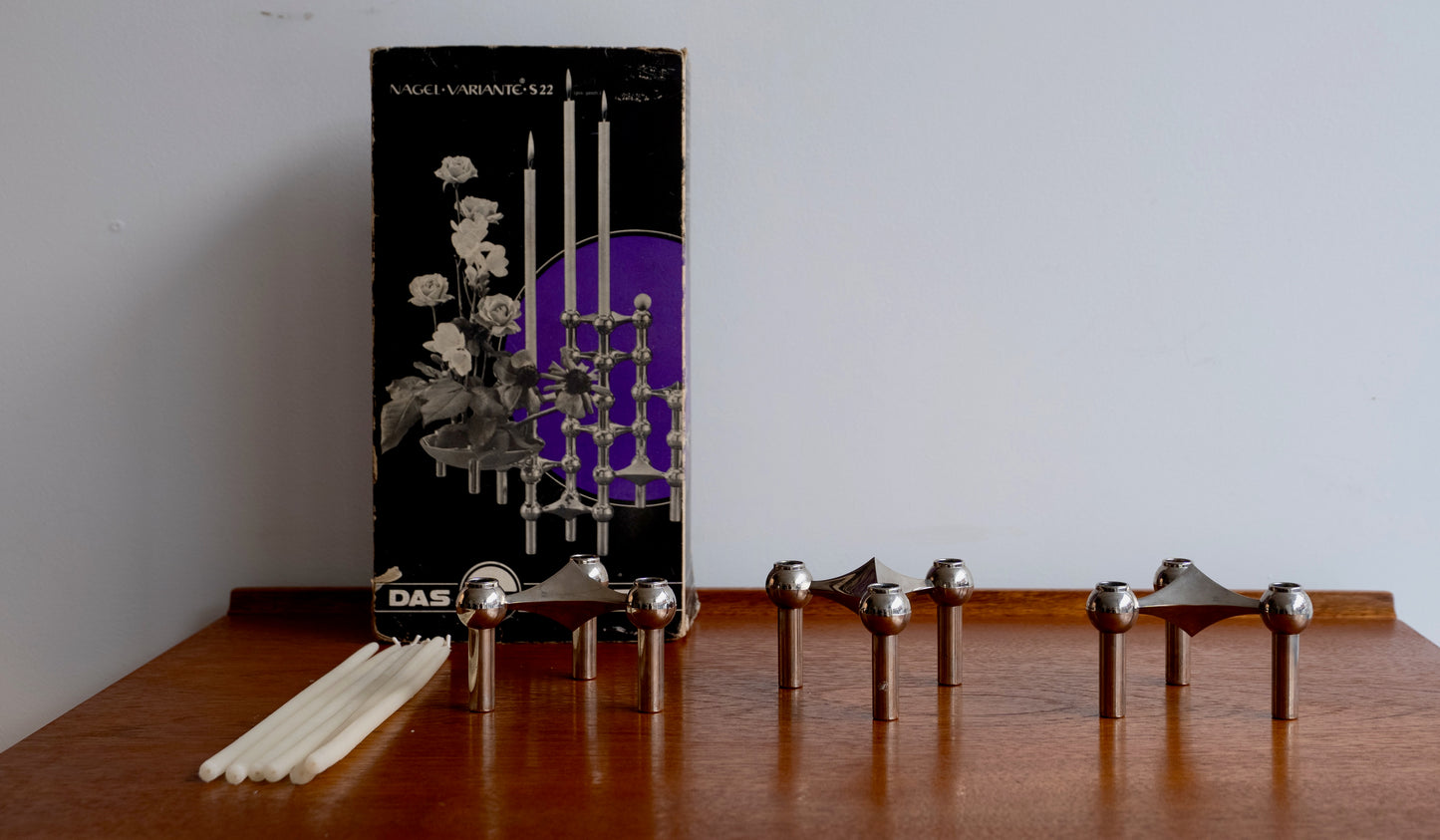 A boxed 3 piece set of chrome plated model S22 candle holders (Germany) 1960s