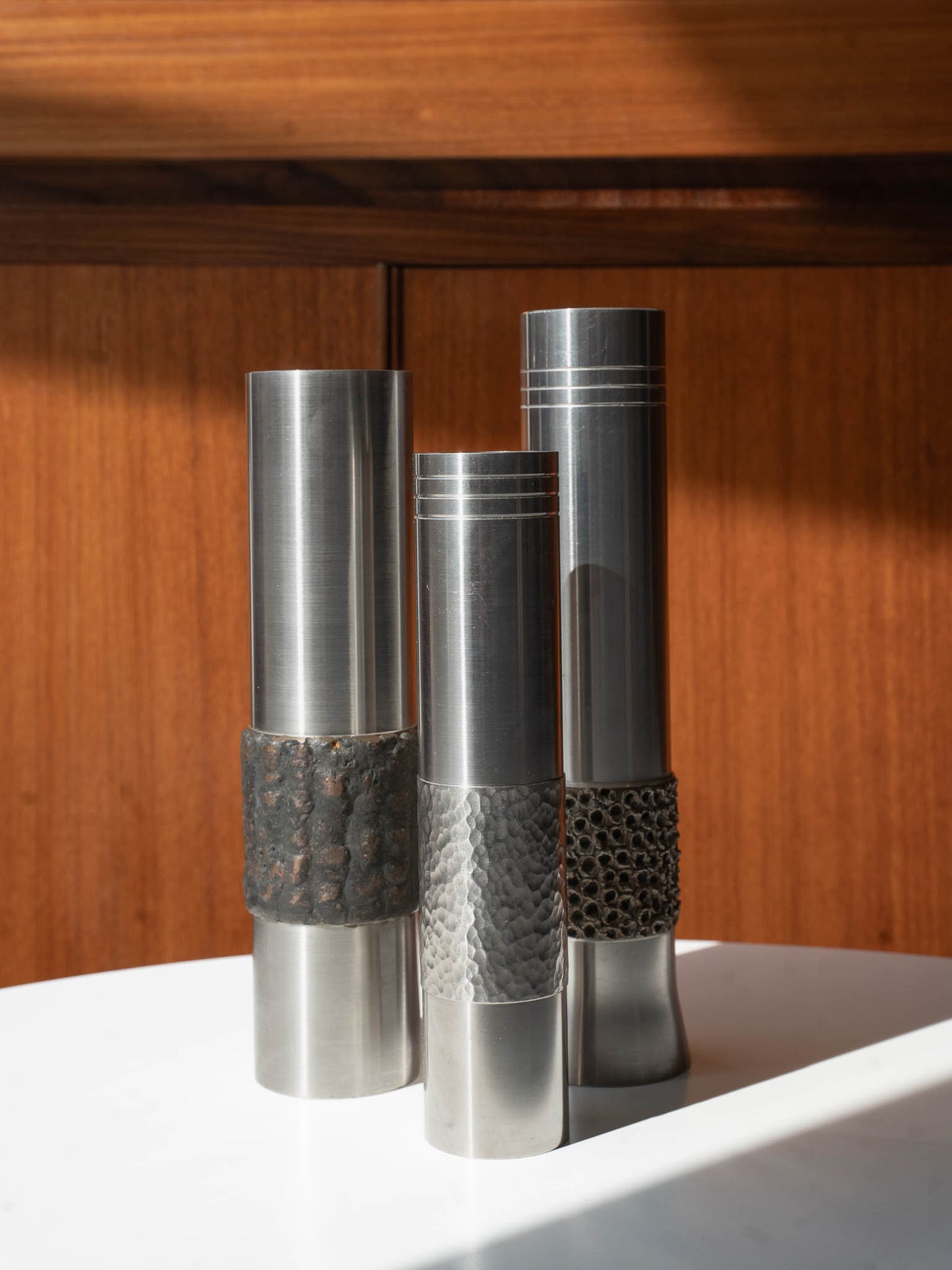 Large Brutalist Engine Turned Steel Vase