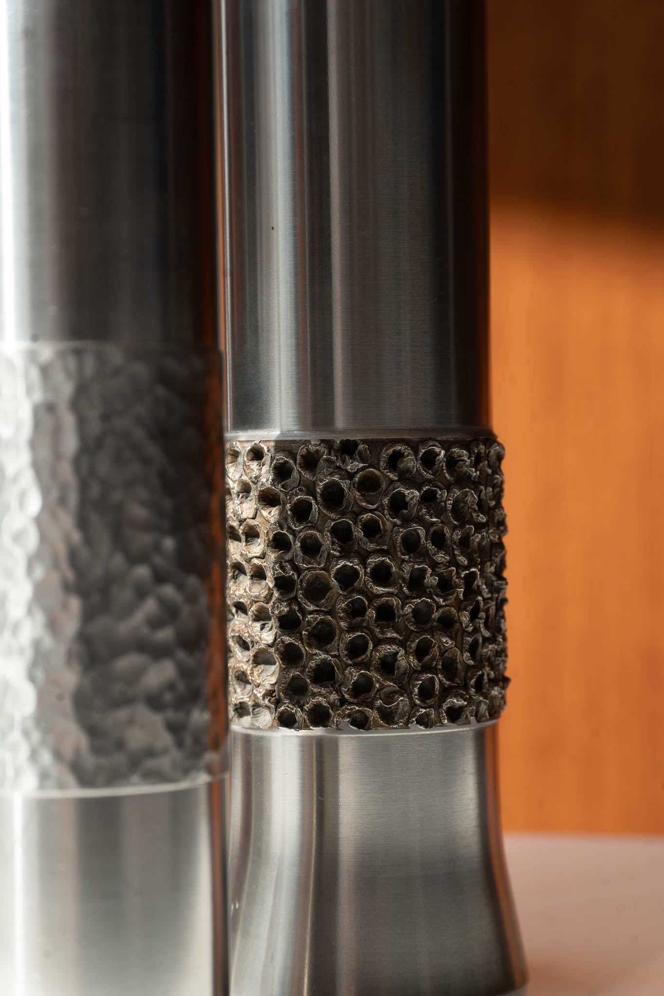Large Brutalist Engine Turned Steel Vase