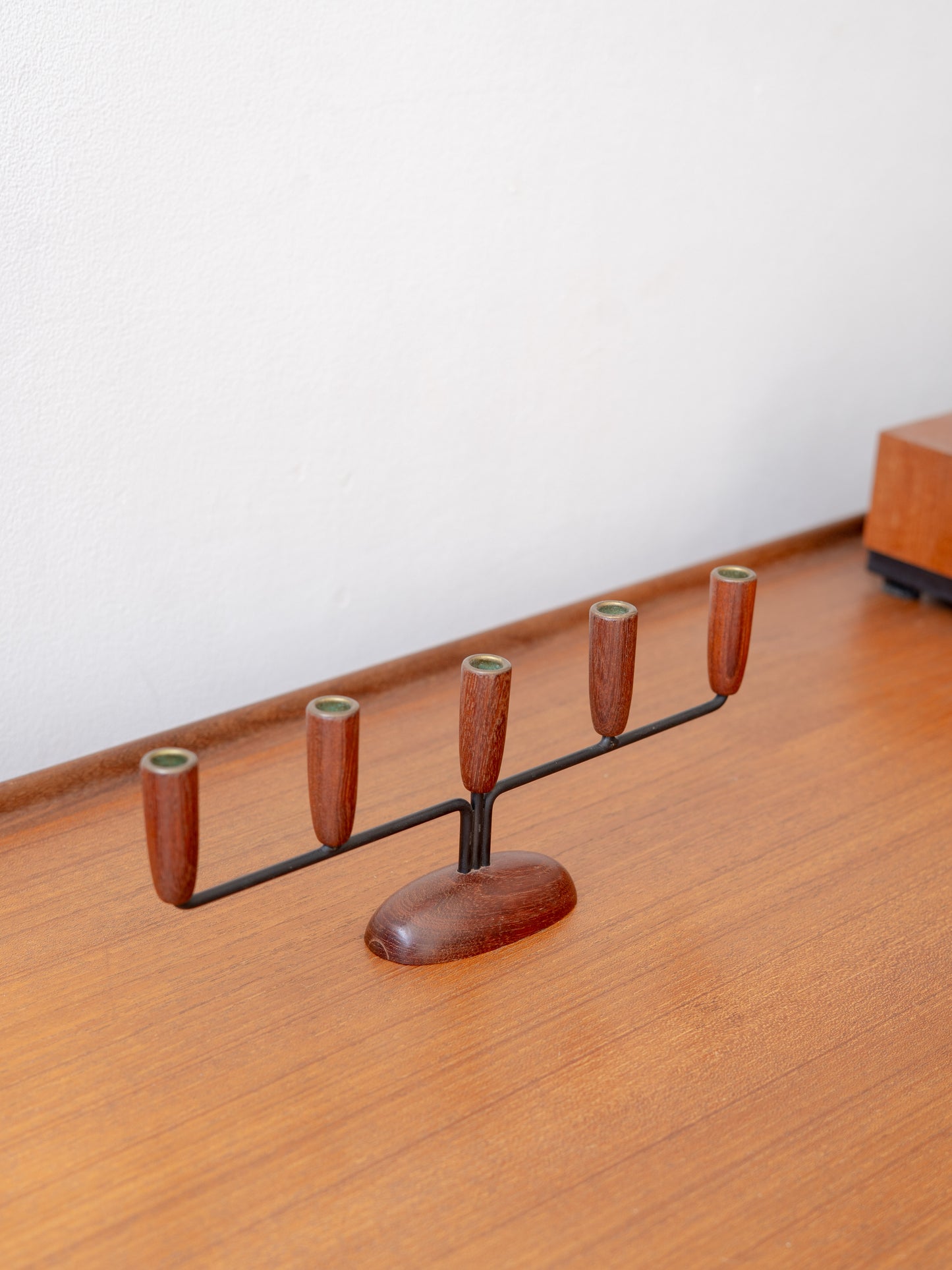 Danish midcemntury Five-Arm Teak and Metal Candlestick Holder, c.20th Century