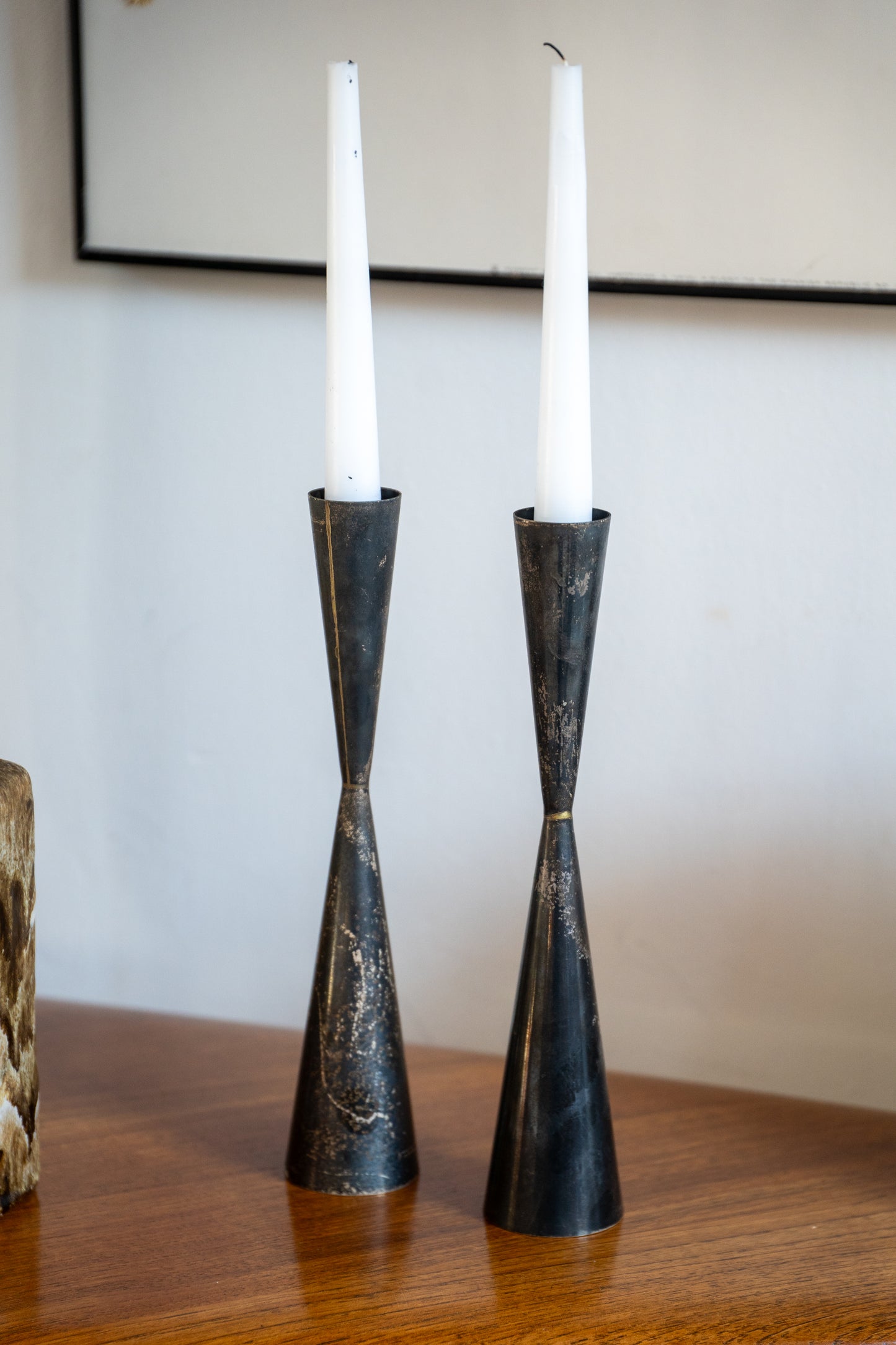 A Pair of 'Jigger' Form Modernist Metalware Candle Holders by Allan Adler, (USA)
