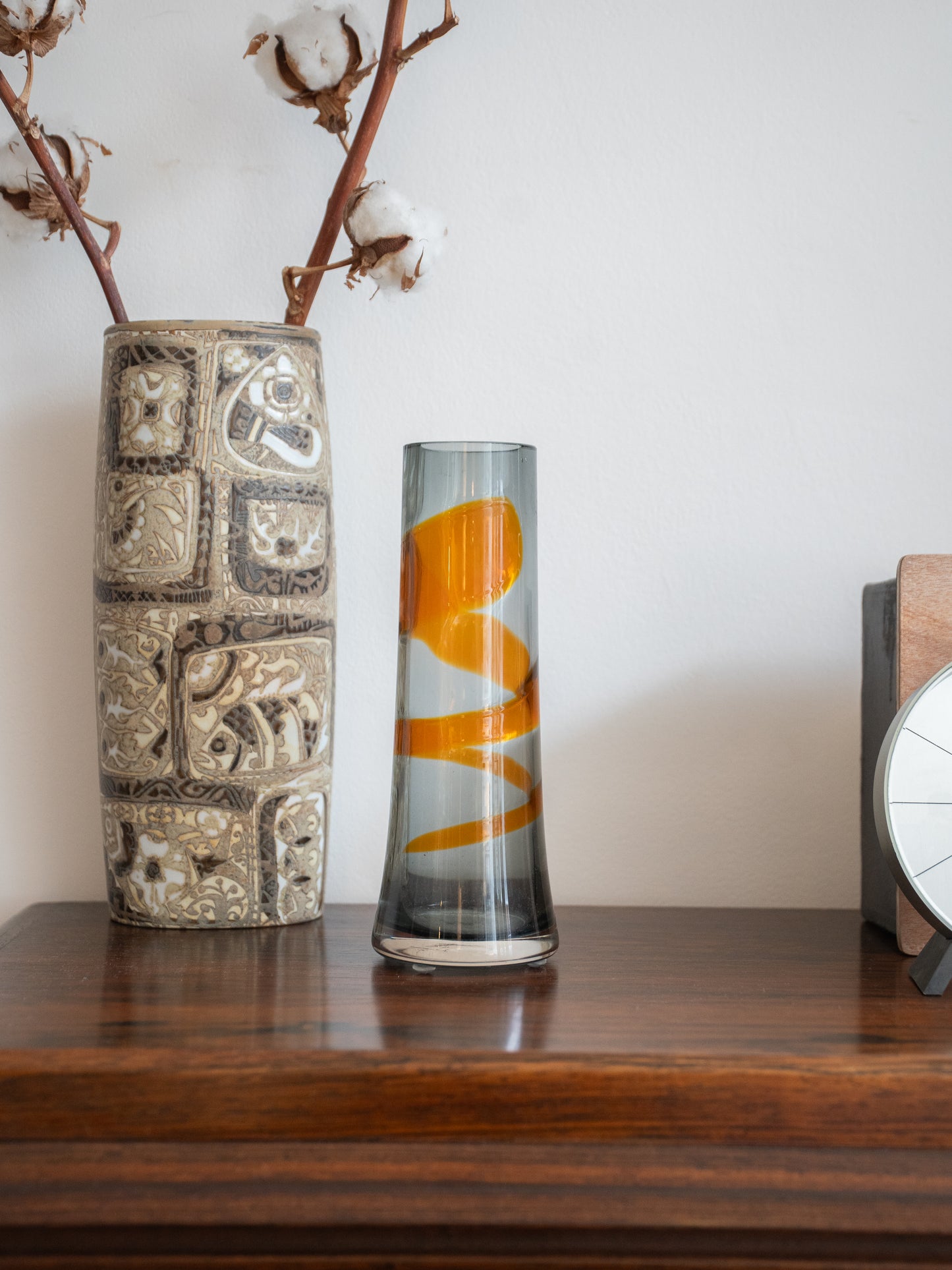 Ribbon-Trail Fluted Vase, Smoke with orange by Geoffrey Baxter for Whitefriars Glass