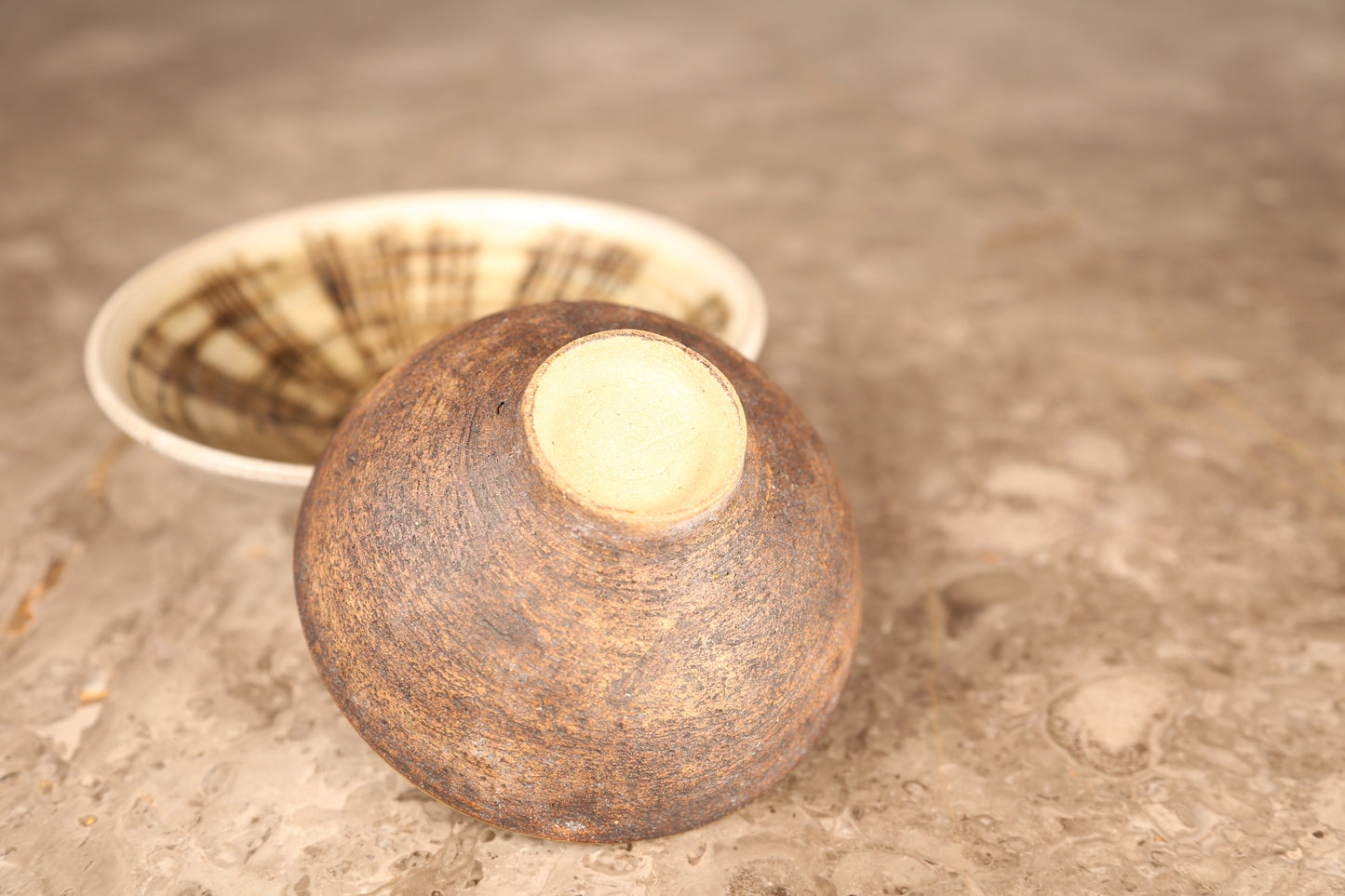 Midcentury Sgraffito bowl in cream glaze with brown detailing