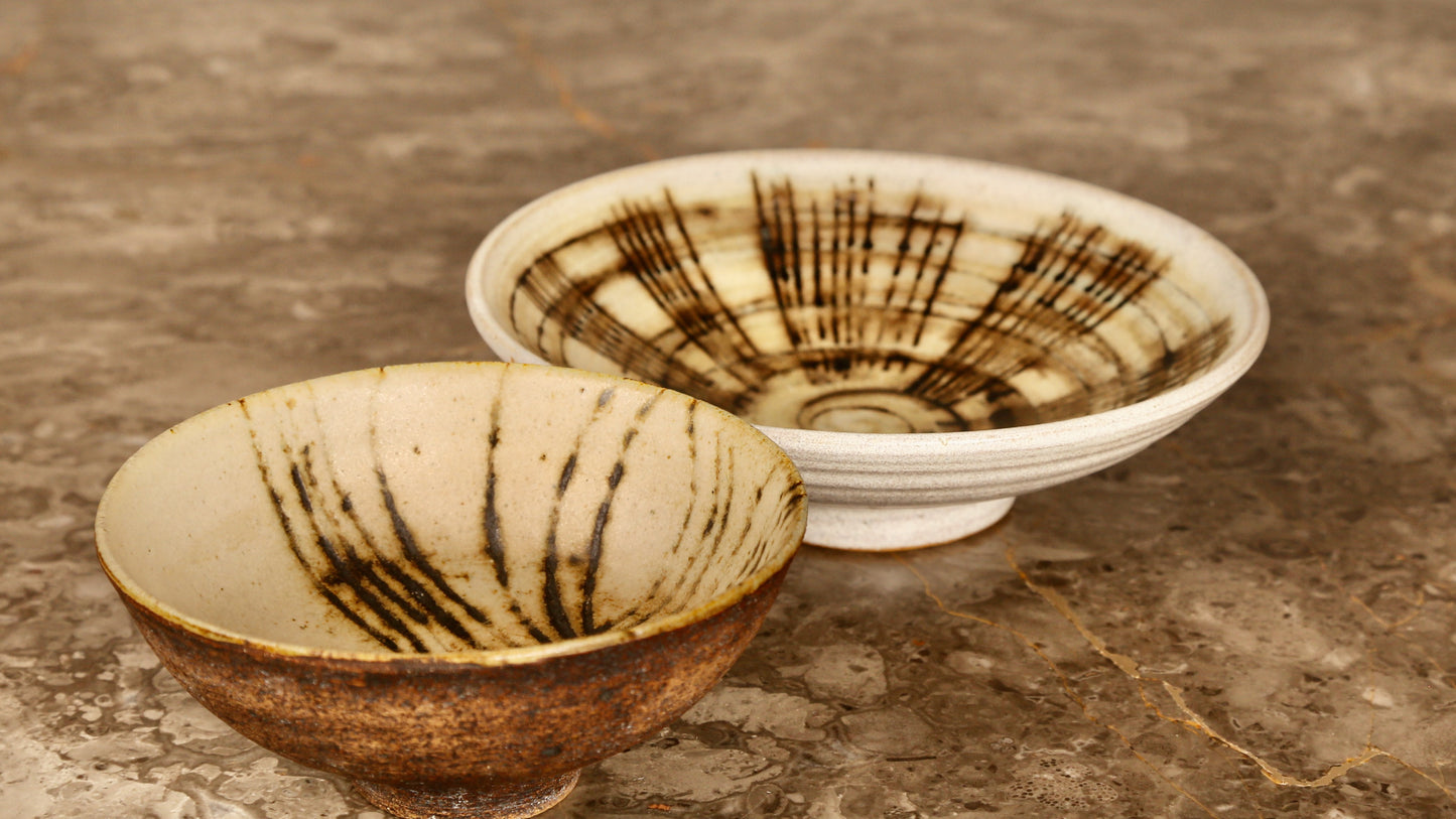 Midcentury Sgraffito bowl in cream glaze with brown detailing