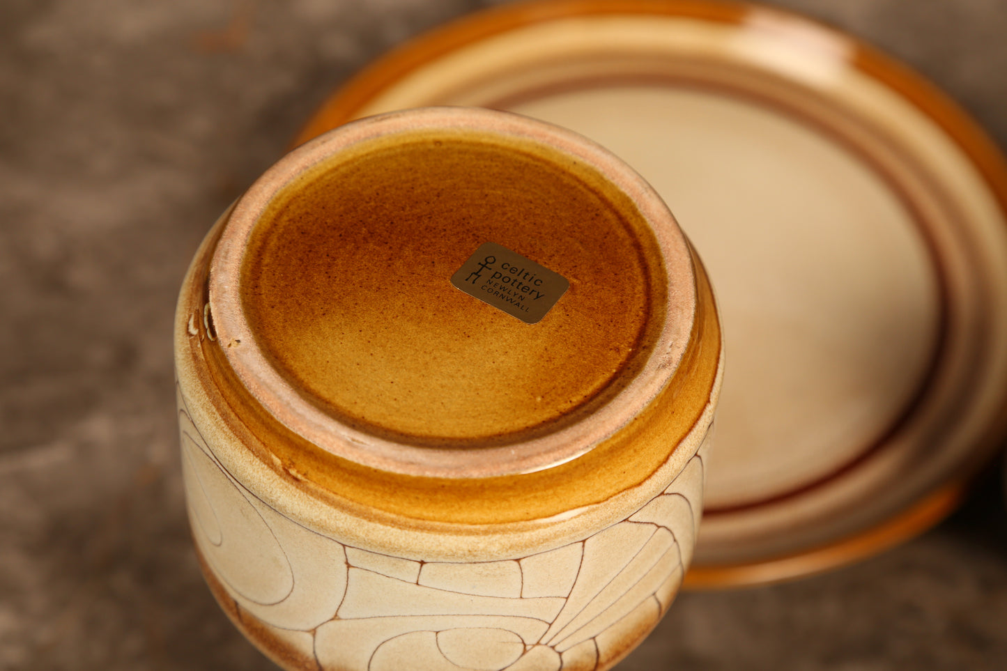 Celtic Pottery decanter with tray and 4 beakers in 'Medallion' design (1960s) Cornwall