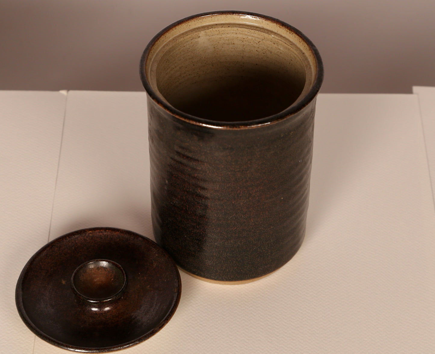 Midcentury treacle glazed container with lid (matching smaller one available)