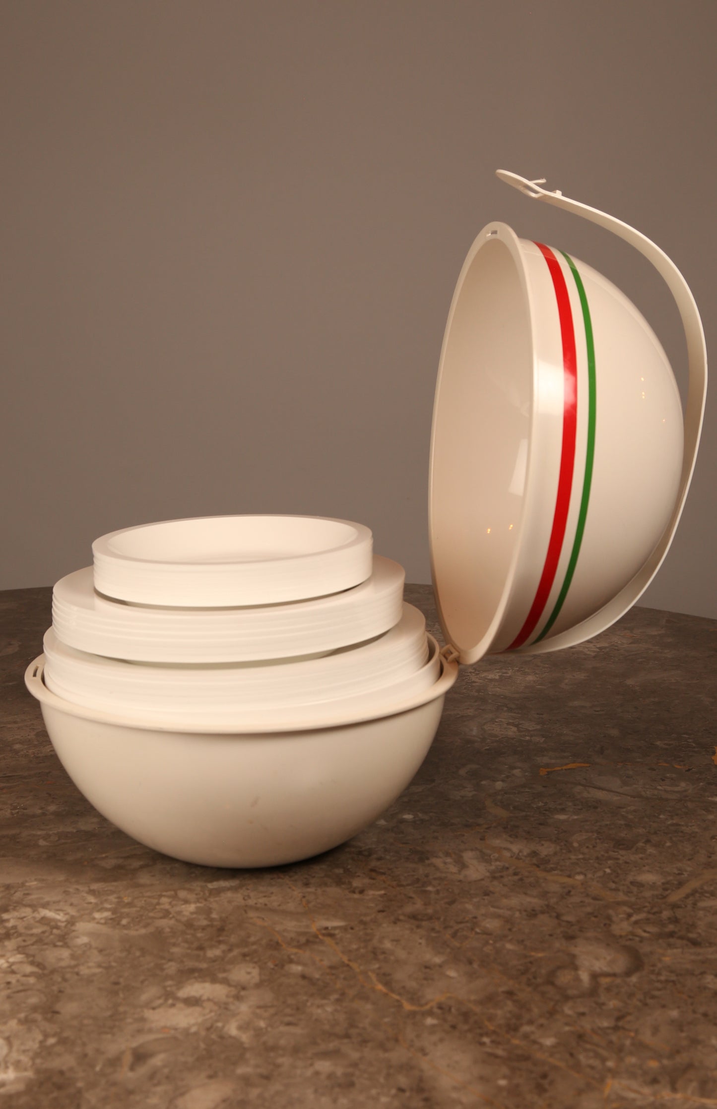 An unused 1960s Guzzini white plastic picnic set (Italy)