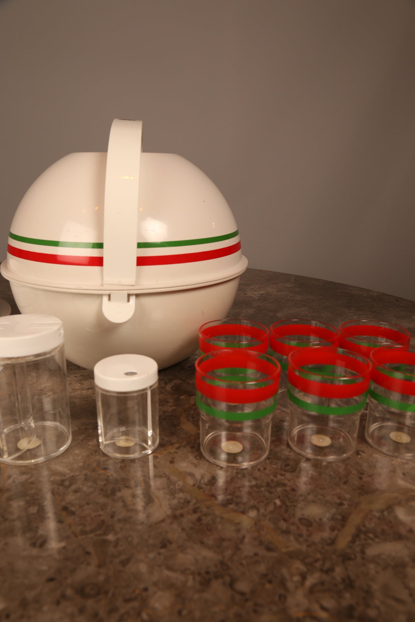 An unused 1960s Guzzini white plastic picnic set (Italy)
