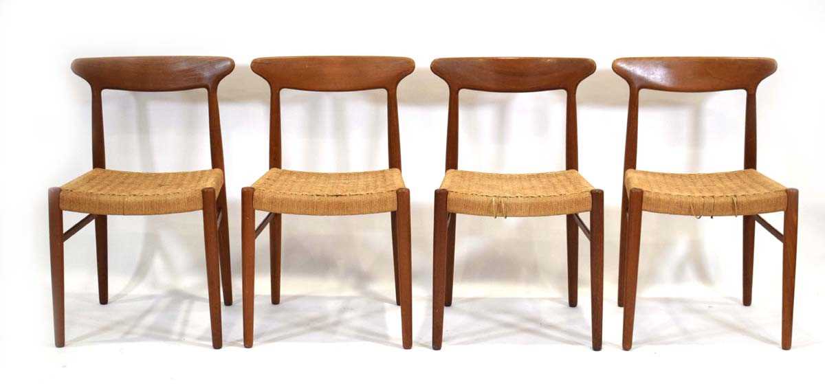 A set of four 1960's Danish teak and paper cord dining chairs designed by Arne Hovmand Olsen, manufacture attributed to Mogens Kold (1960) Denmark