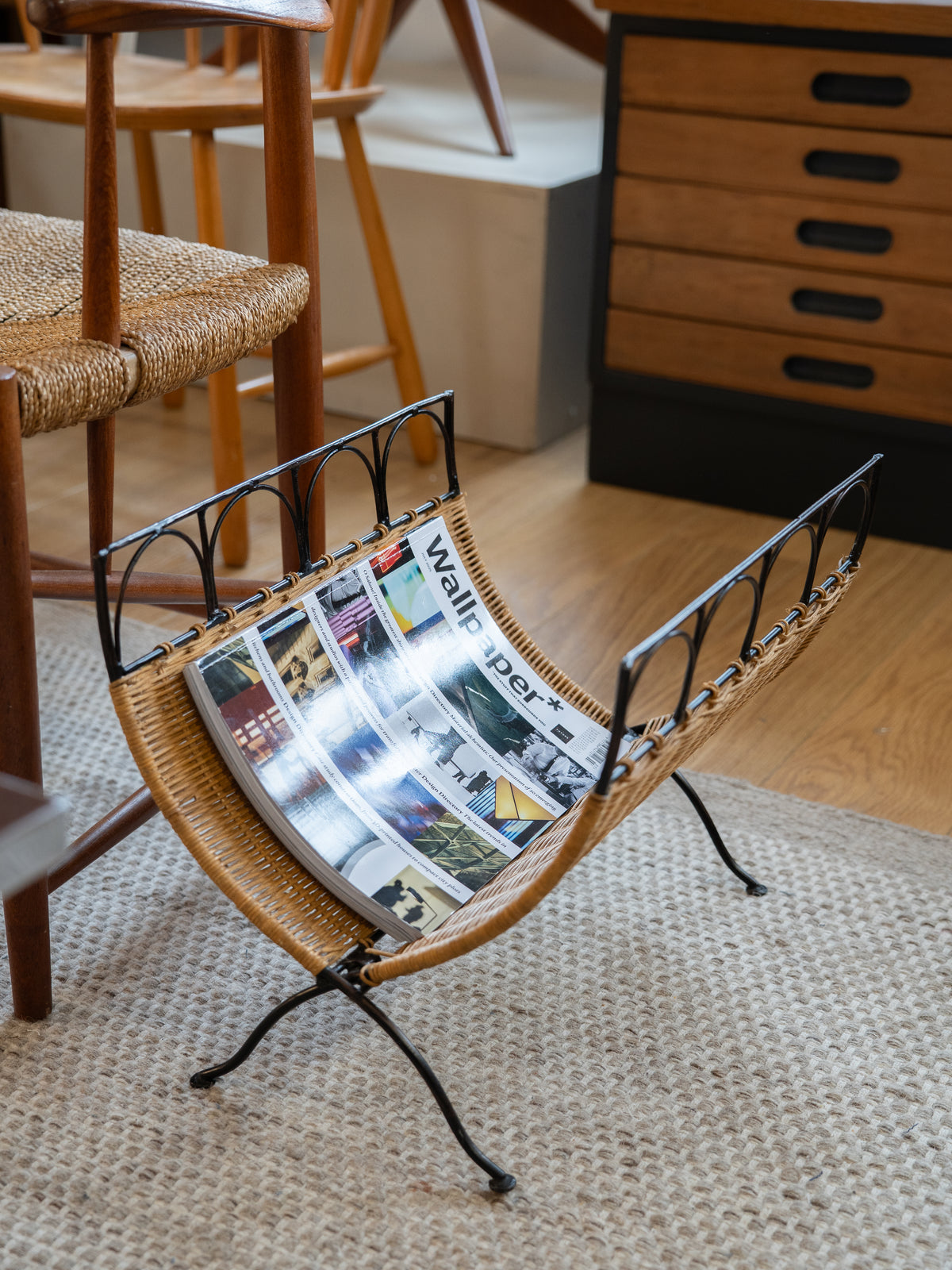 Folding Rattan Weave Magazine Rack (1960s)