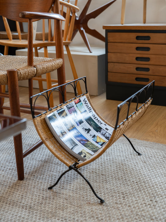 Folding Rattan Weave Magazine Rack (1960s)