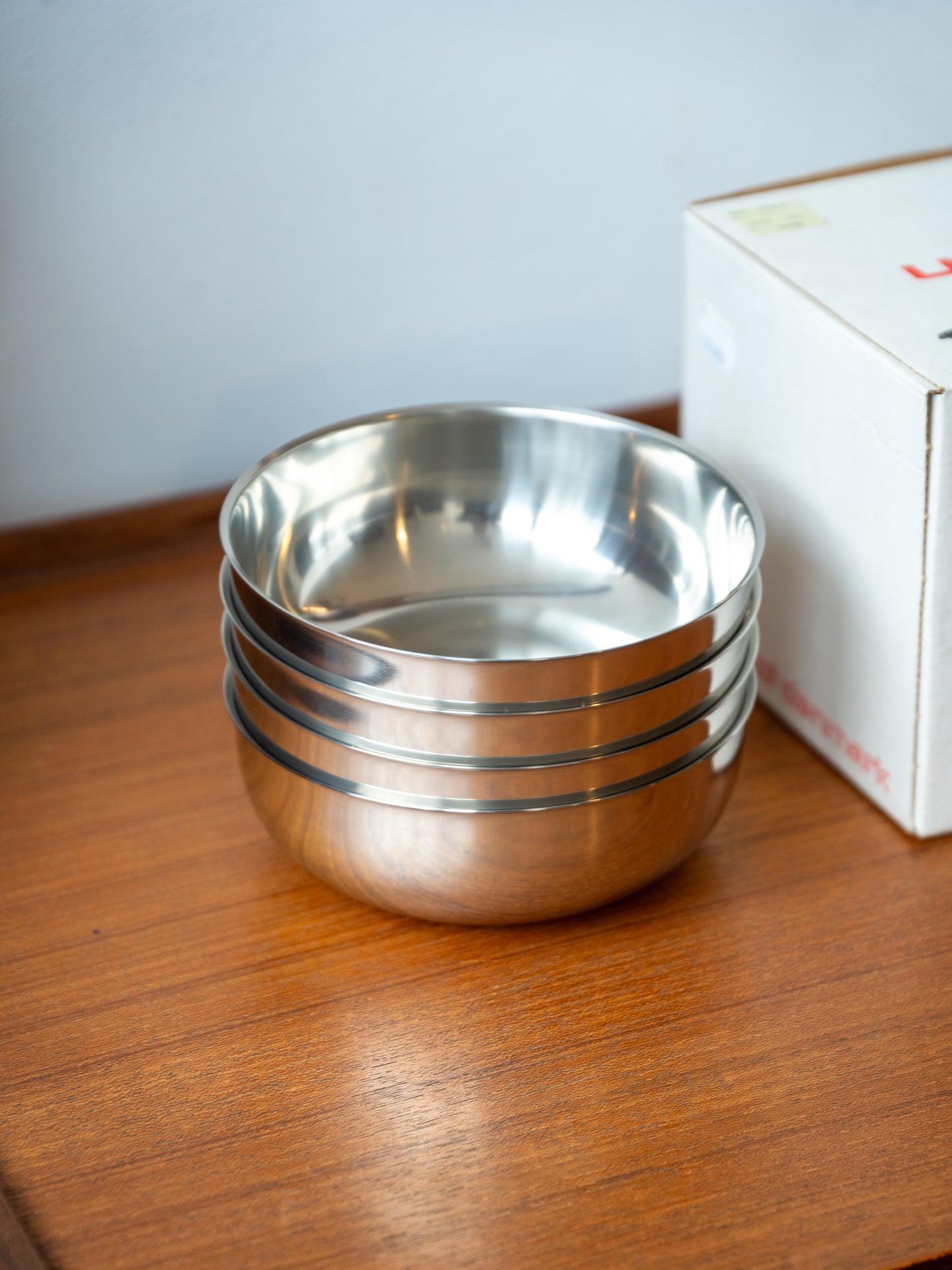 Set of 4 Stainless Steel Bowls in original box by Erik Magussen for Stelton (1960s)