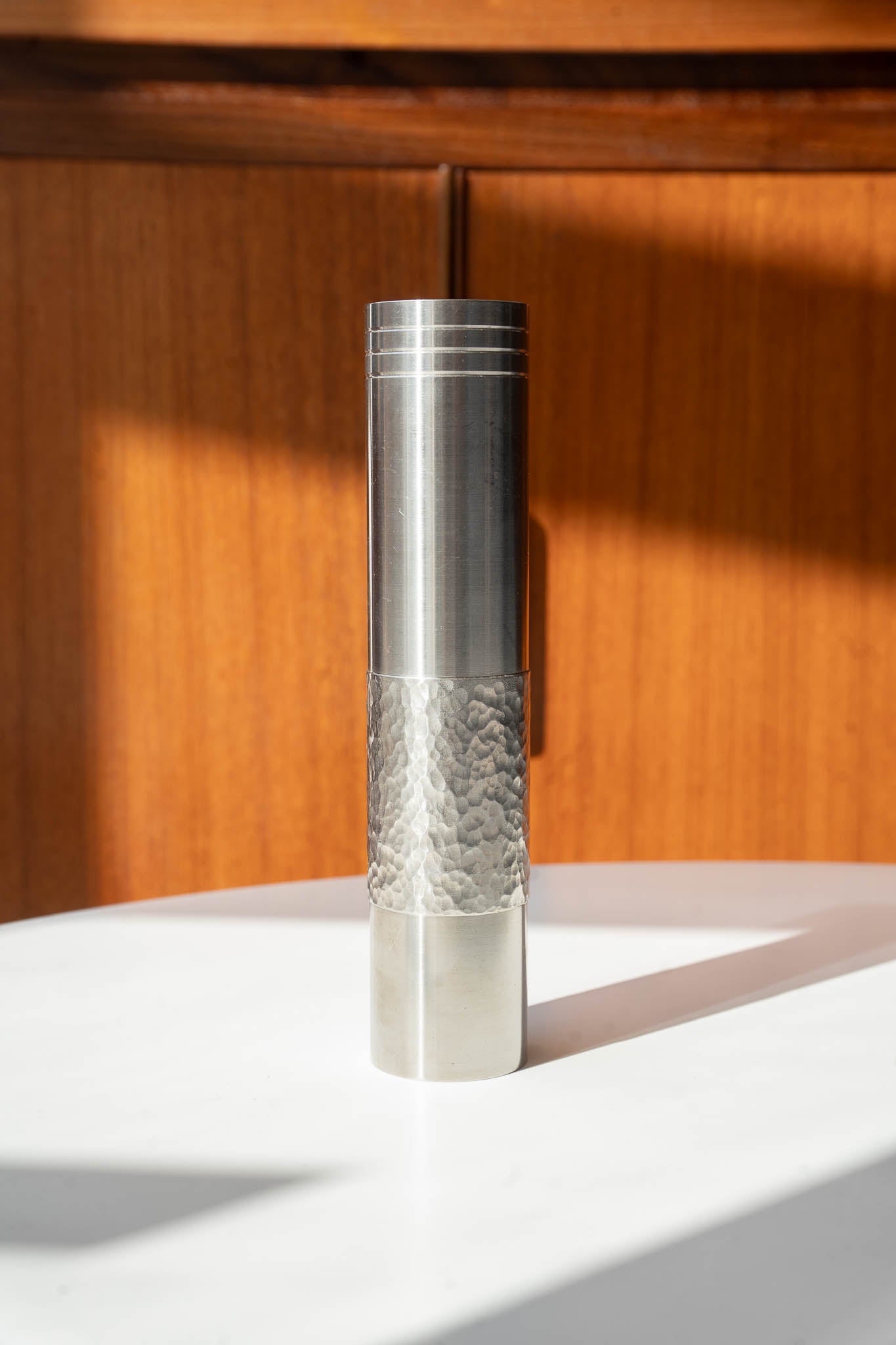Small Brutalist Engine Turned Steel Vases, (1970s) Germany