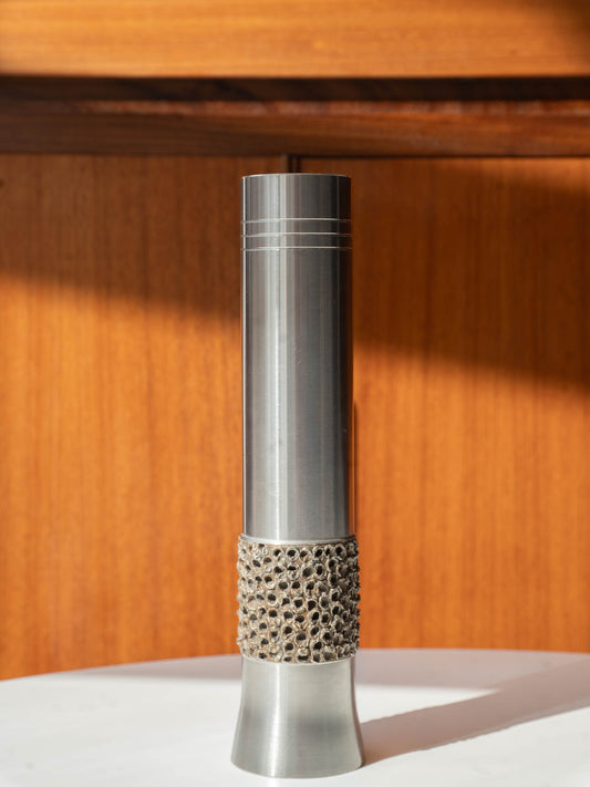 Large Brutalist Engine Turned Steel Vase