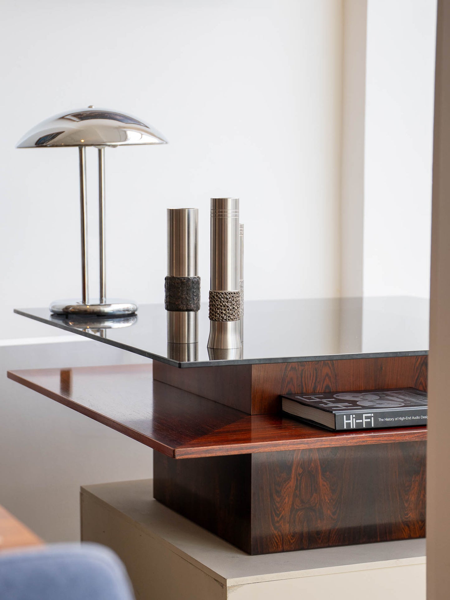 Brutalist Rosewood Coffee Table with Smoked Glass Top by Møbelintarsia, (60/70s) Denmark