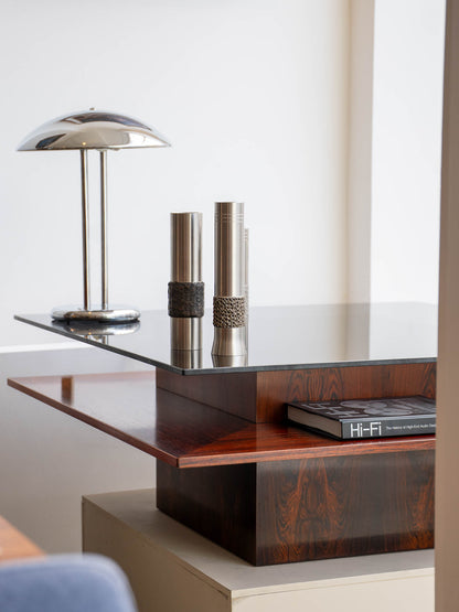 Brutalist Rosewood Coffee Table with Smoked Glass Top by Møbelintarsia, (60/70s) Denmark