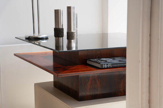Brutalist Rosewood Coffee Table with Smoked Glass Top by Møbelintarsia, (60/70s) Denmark