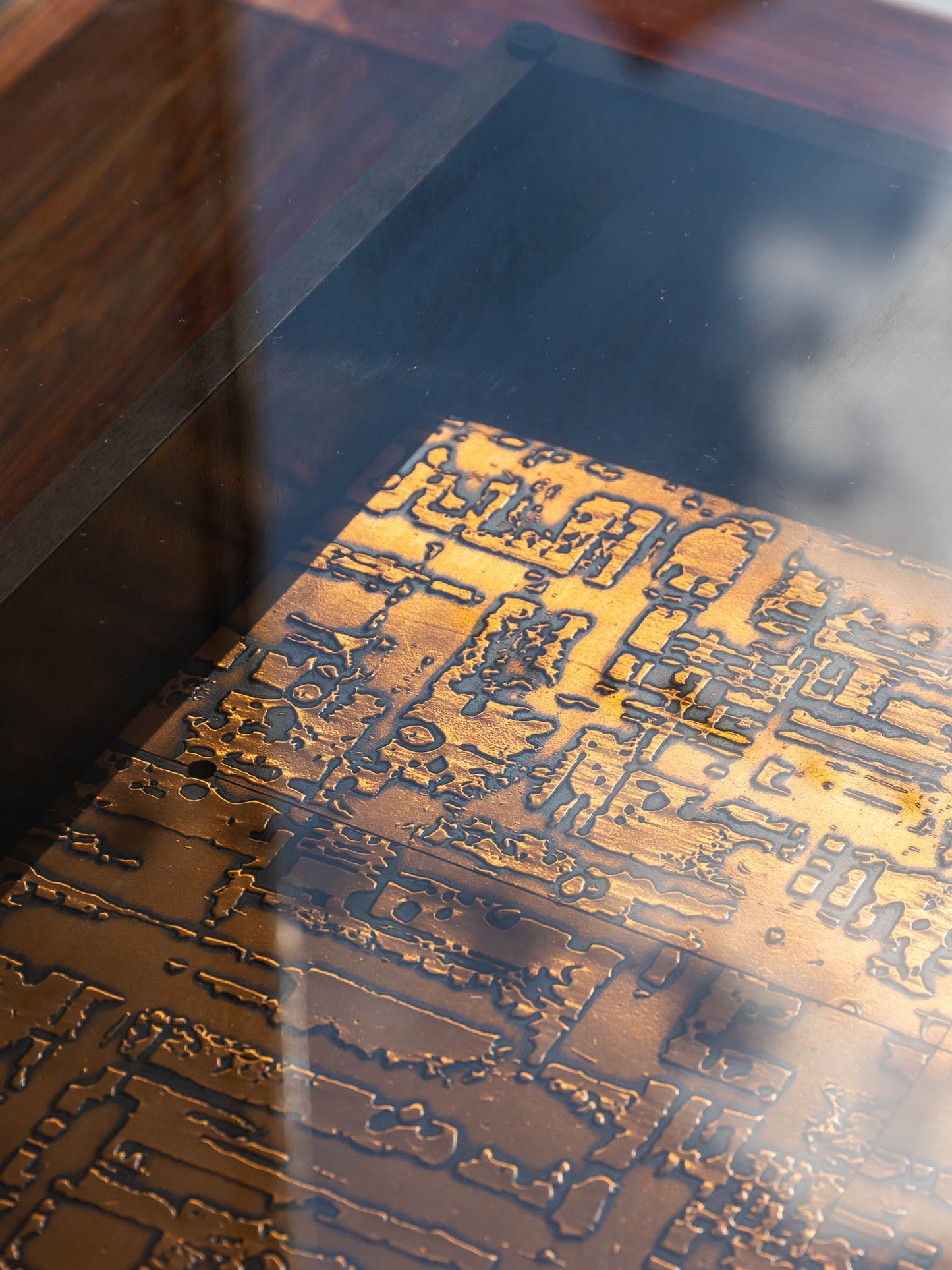 Brutalist Rosewood Coffee Table with Smoked Glass Top by Møbelintarsia, (60/70s) Denmark