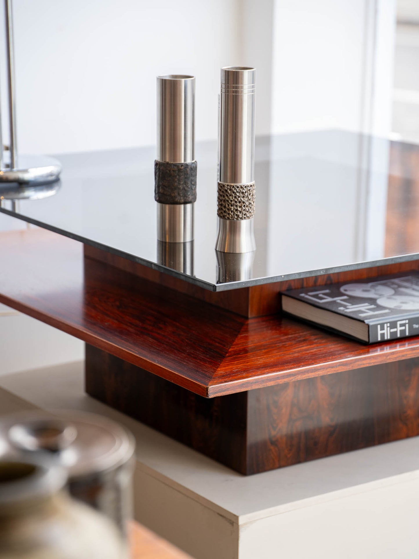 Brutalist Rosewood Coffee Table with Smoked Glass Top by Møbelintarsia, (60/70s) Denmark