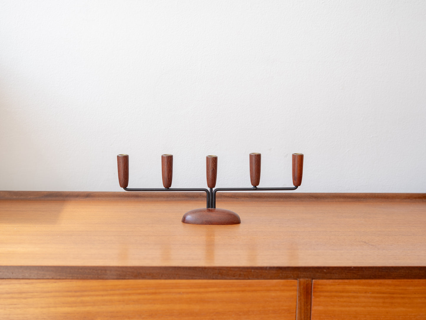 Danish midcemntury Five-Arm Teak and Metal Candlestick Holder, c.20th Century