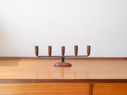 Danish midcemntury Five-Arm Teak and Metal Candlestick Holder, c.20th Century