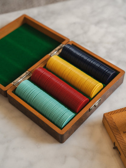 Vintage Gaming/Poker Chips Set in Burr Wood Veneer Box (1960s) UK