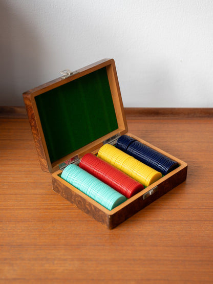 Vintage Gaming/Poker Chips Set in Burr Wood Veneer Box (1960s) UK