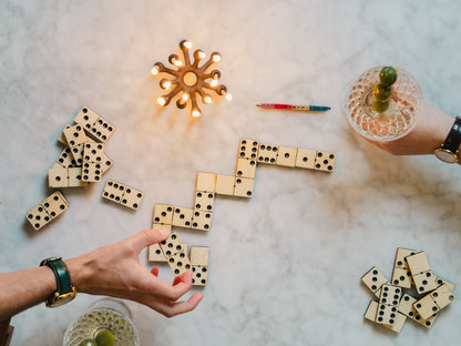 Early 20th-Century Bone & Ebony Domino Set with mahogany slide top box