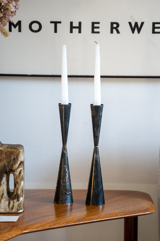 A Pair of 'Jigger' Form Modernist Metalware Candle Holders by Allan Adler, (USA)