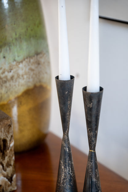 A Pair of 'Jigger' Form Modernist Metalware Candle Holders by Allan Adler, (USA)