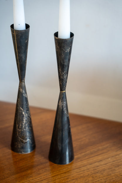 A Pair of 'Jigger' Form Modernist Metalware Candle Holders by Allan Adler, (USA)