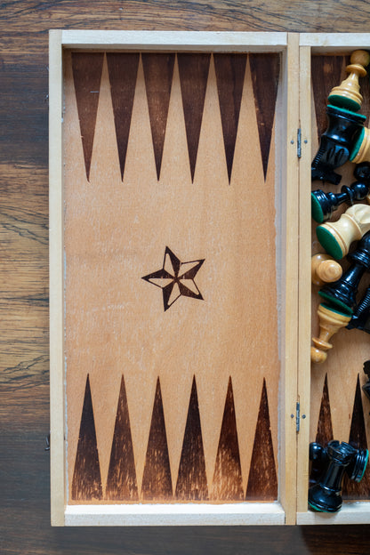 Folding Wooden Travel Chess & Backgammon Set, (1970s)