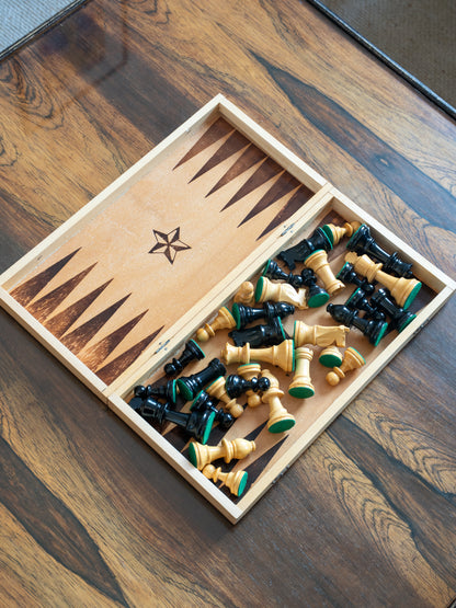 Folding Wooden Travel Chess & Backgammon Set, (1970s)