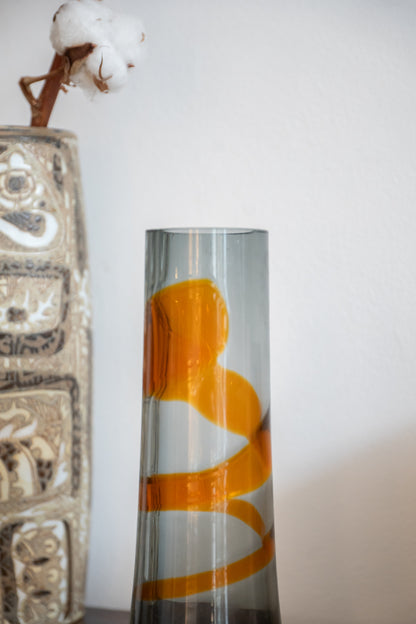 Ribbon-Trail Fluted Vase, Smoke with orange by Geoffrey Baxter for Whitefriars Glass