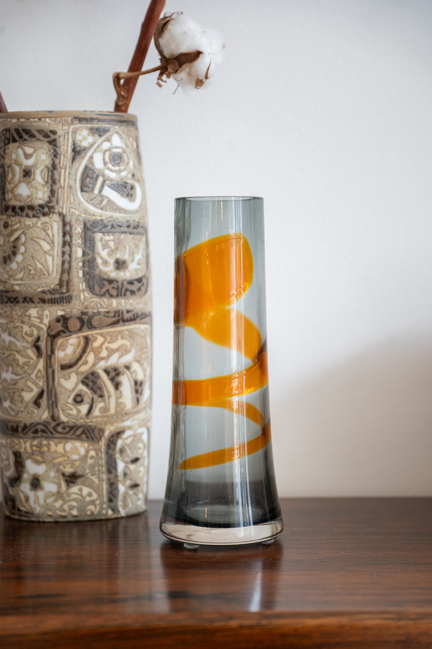 Ribbon-Trail Fluted Vase, Smoke with orange by Geoffrey Baxter for Whitefriars Glass