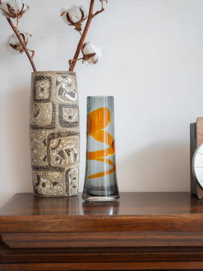 Ribbon-Trail Fluted Vase, Smoke with orange by Geoffrey Baxter for Whitefriars Glass