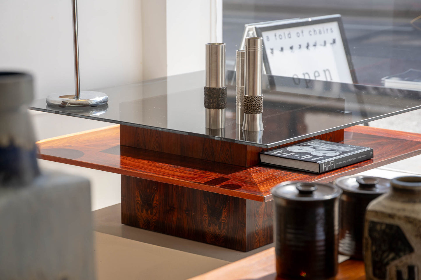Brutalist Rosewood Coffee Table with Smoked Glass Top by Møbelintarsia, (60/70s) Denmark