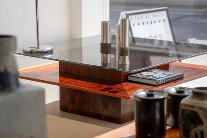 Brutalist Rosewood Coffee Table with Smoked Glass Top by Møbelintarsia, (60/70s) Denmark