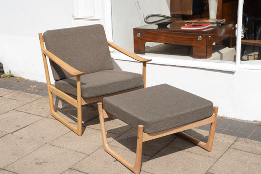 Beech Armchair and Matching Footstool by Peter Hvidt and Orla Molgaard for France and Son, (1960s) Denmark