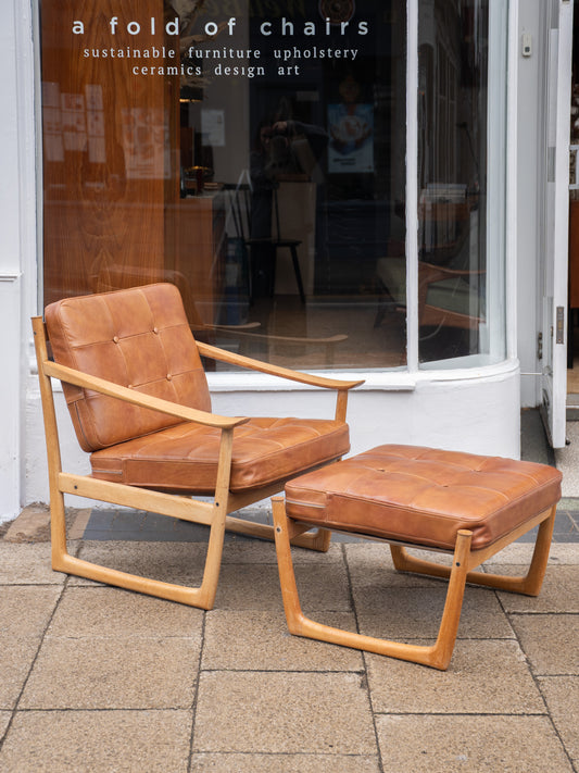 Beech Armchair and Matching Footstool by Peter Hvidt and Orla Mølgaard for France and Søn, (1960s) Denmark