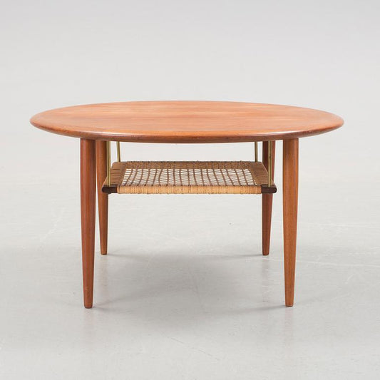 Circular teak and wicker coffee table w by Johannes Andersen (1960s)