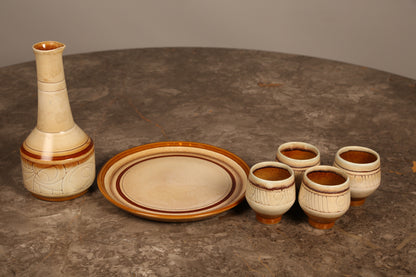 Celtic Pottery decanter with tray and 4 beakers in 'Medallion' design (1960s) Cornwall