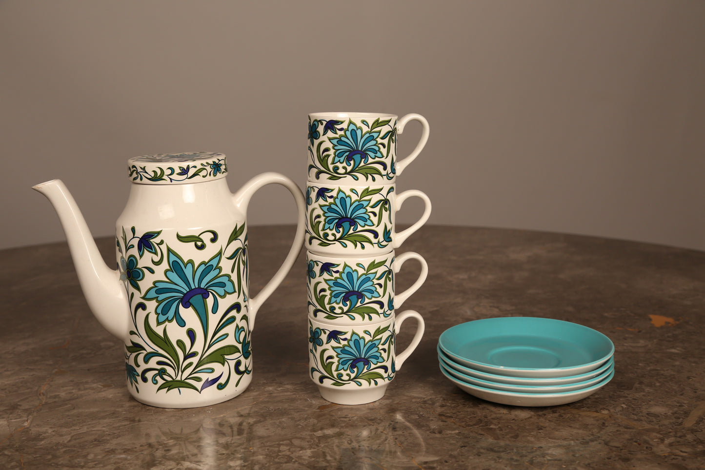 A midwinter pottery coffee set in 'Spanish Garden' pattern by Jesse Tait (1960s)
