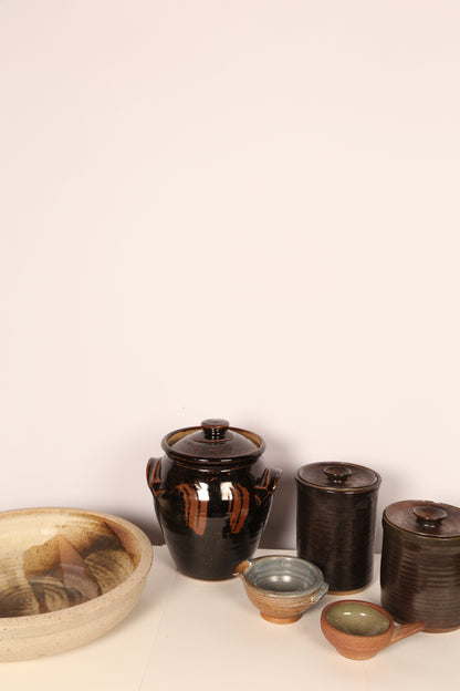 Midcentury treacle glazed container with lid (matching smaller one available)
