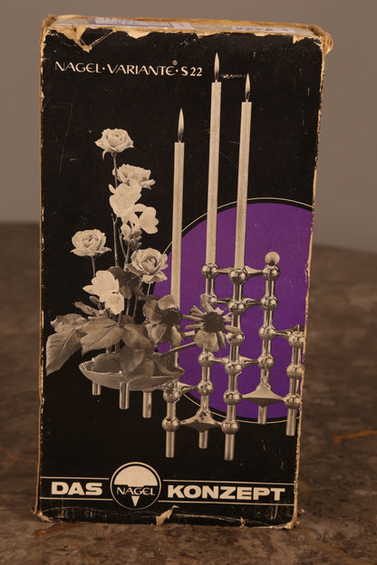 A boxed 3 piece set of chrome plated model S22 candle holders (Germany) 1960s