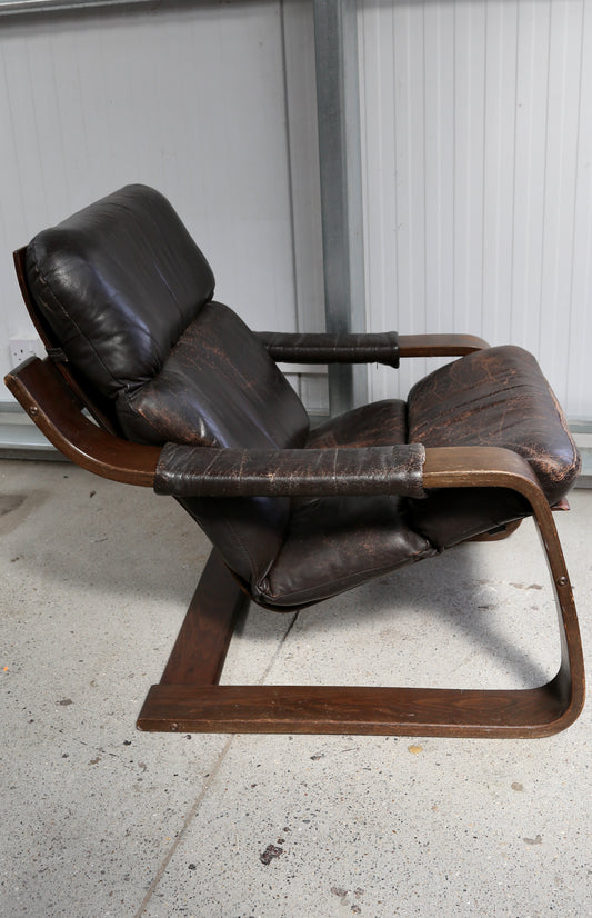 Bentwood and Leather Lounge Chair, (1970s) Denmark