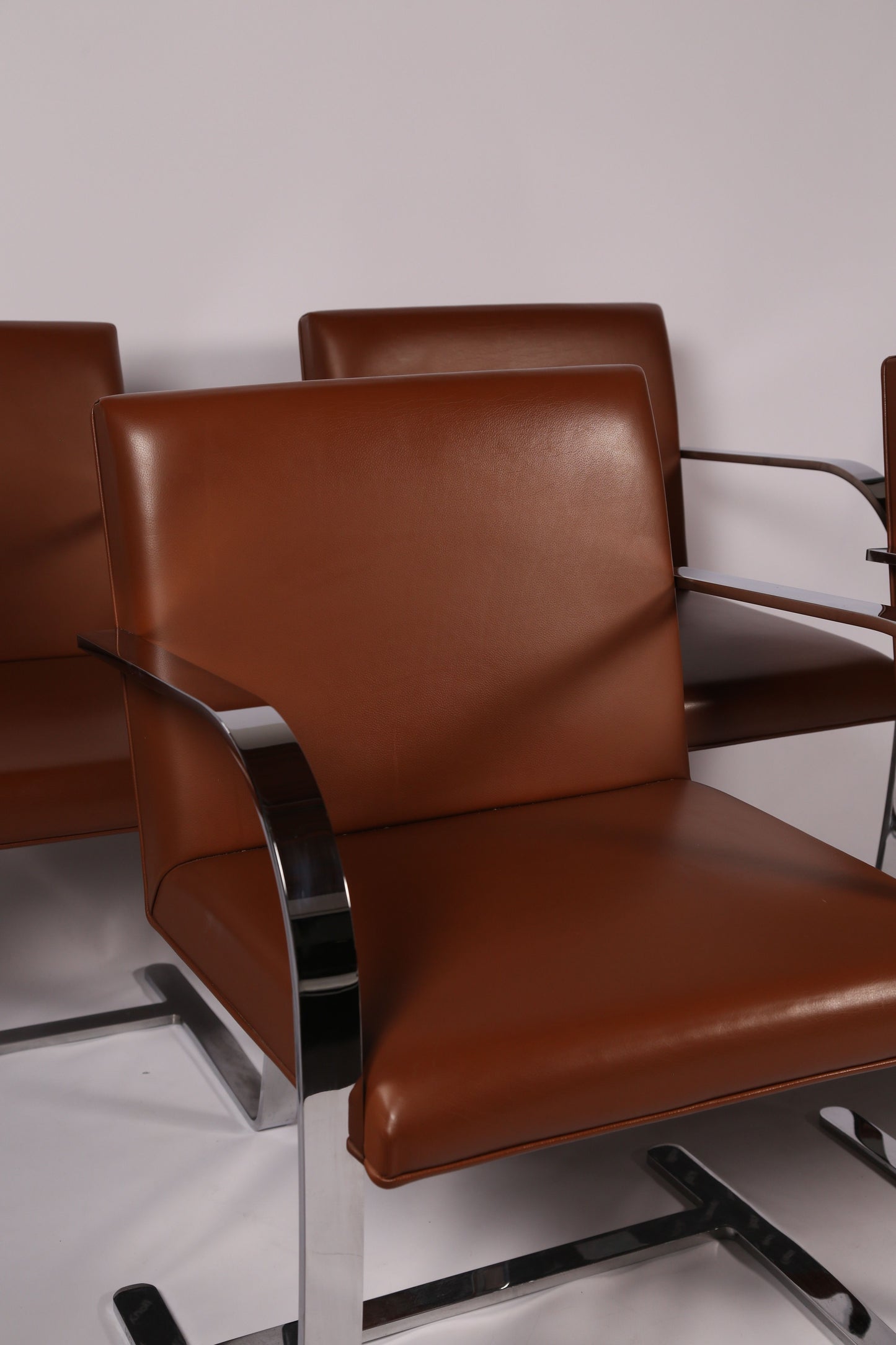 4 Brno chairs in Tan Leather by Mies van der Rohe for Knoll